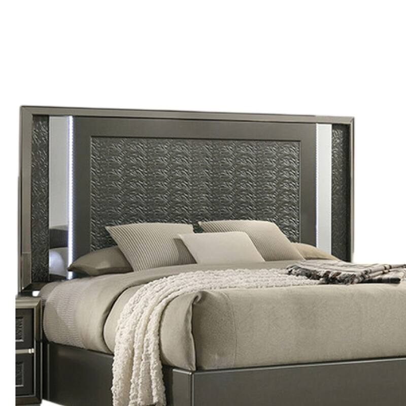 Levi Queen Bed, Dark Gray, Solid Teak and Rubberwood, Modern LED Lighting