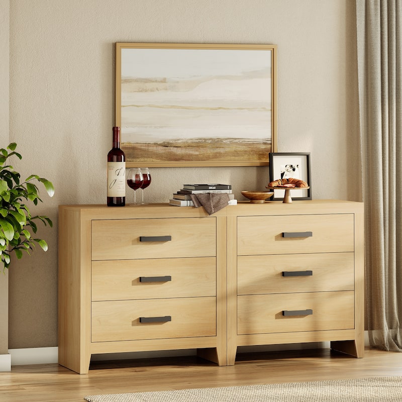 WAMPAT Farmhouse Nightstand with 3 Drawers, Large Wood Bedside Table - Oak - 6-drawer