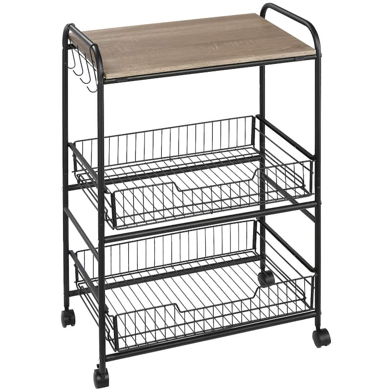 HOMCOM 24" 3-Tier Rolling Kitchen Cart, Utility Storage Trolley with 2 Basket Drawers, Side Hooks for Dining Room