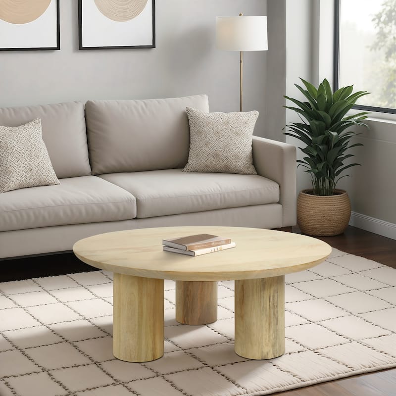 Round Natural Wood Coffee Table Modern Design Solid Cylindrical Legs - Natural - 36.01" x 36.01" x 14"