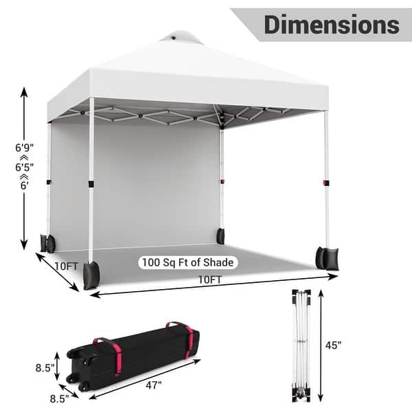 10x10 Pop Up Canopy Tent with 1 Removable Sidewall, with Wheeled Bag and 4 Weight Bags for Patio, Party, Events, Camping-White