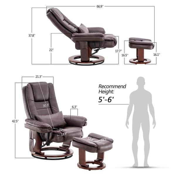dimension image slide 1 of 3, MCombo Swivel Recliner with Ottoman, Vibration Massage Lumbar Pillow