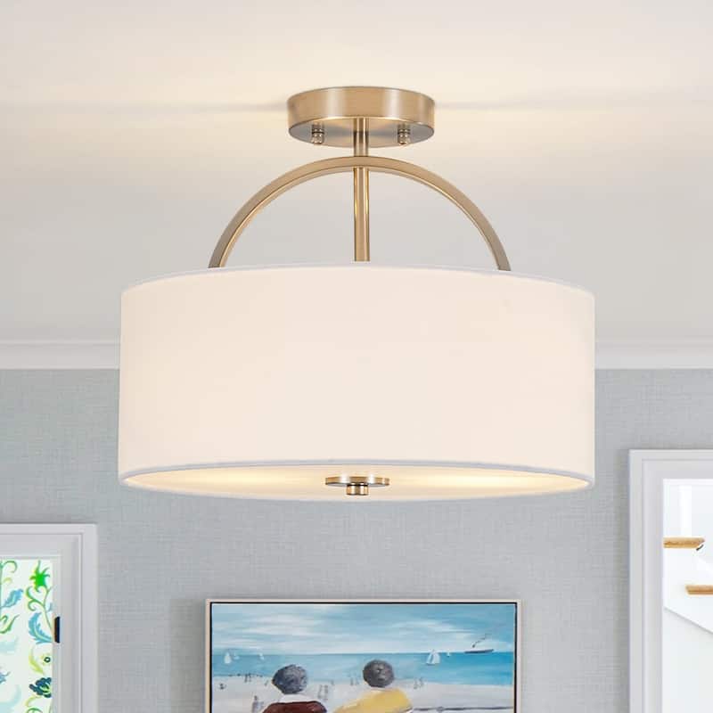 Contemporary 2-Light White Linen Drum Semi Flush Light 15in Wide - Nickel