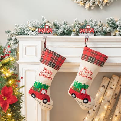 Glitzhome 21"L Embroidered Linen Red Truck Dachshund Christmas Stocking