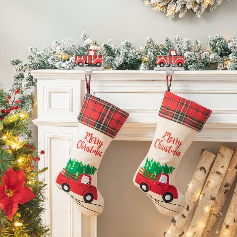 Glitzhome Wooden/Metal Red Truck Dachshund Reindeer Tree Stocking Holder with Stocking Mantel Ornament for Christmas - 4PK Red Trucks Stockings & Stocking Holders