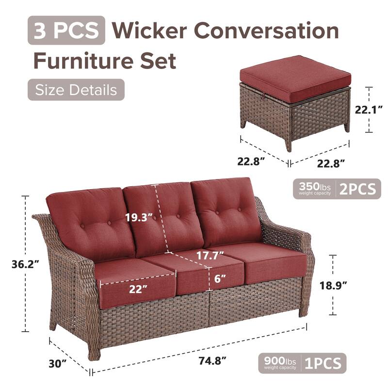 Gymojoy 3-Piece Wicker Patio Furniture Ottoman & Sofa Set, 6-Inch Ultra Thick Cushioned