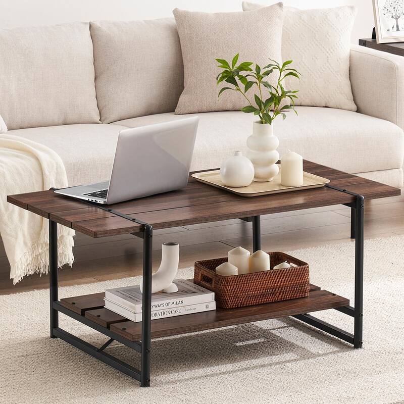 2-Tier Modern Industrial 41'' Large Wood Coffee Table with Storage Shelf - Black walnut