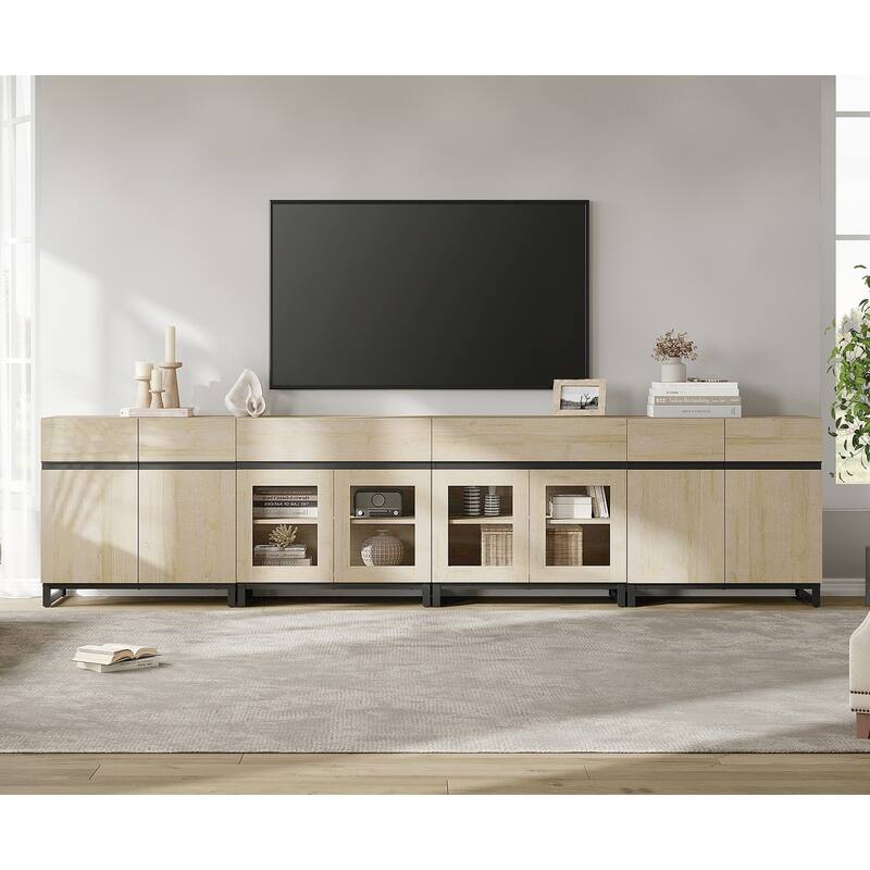 Modern TV Stand for 120" TVs, 4-in-1 Console with Glass Doors & 2 Drawers