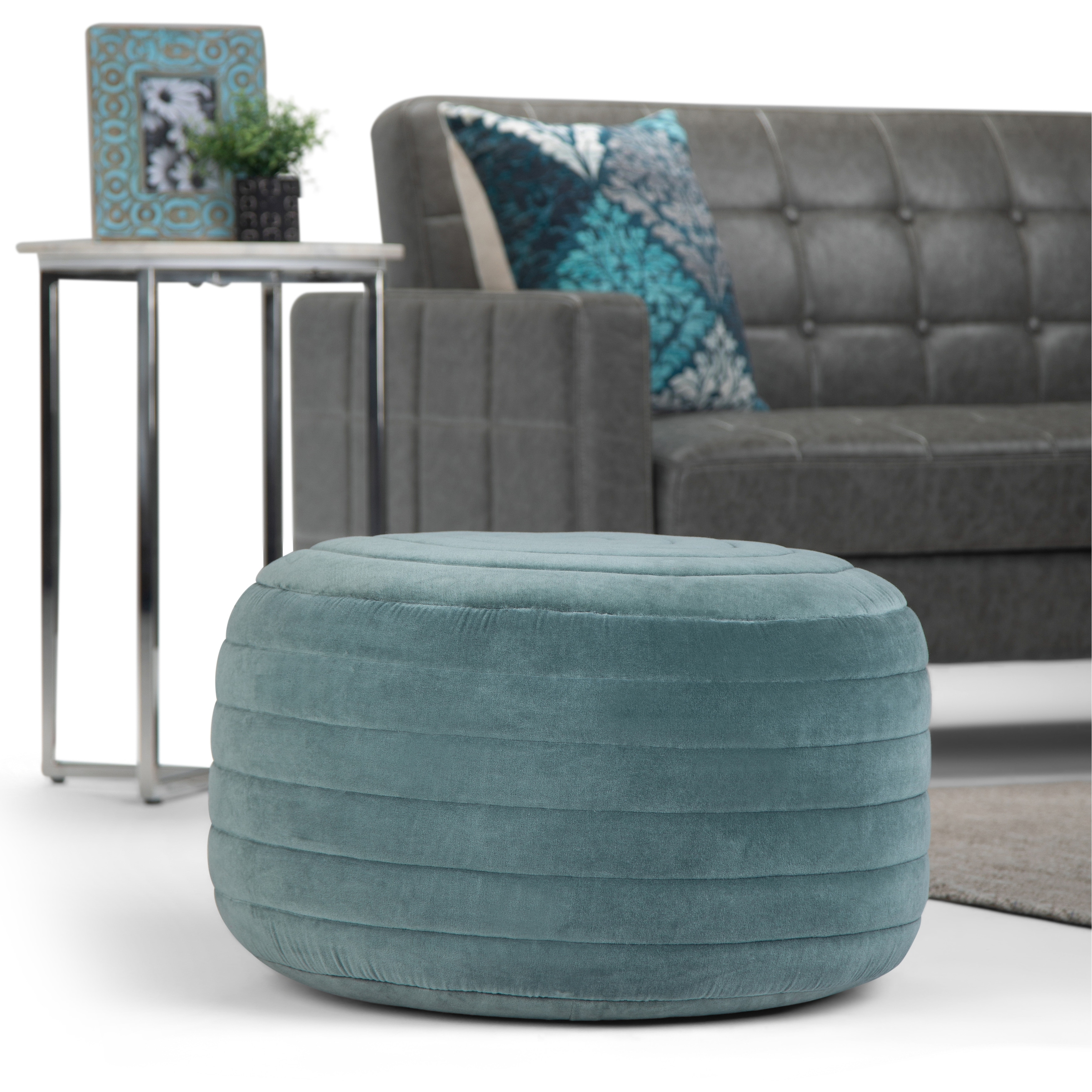 WYNDENHALL Anna Boho Round Pouf in Velvet Fabric