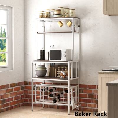 5-Tier MDF Baker Rack with 6 Hooks, Freestanding Bar Wine Rack Table with 24 Bottles Wine Rack and 3 Pairs of Glasses Holders