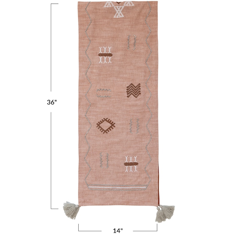 Cotton Embroidered Table Runner with Geometric Designs - 72.0"L x 15.0"W x 1.5"H