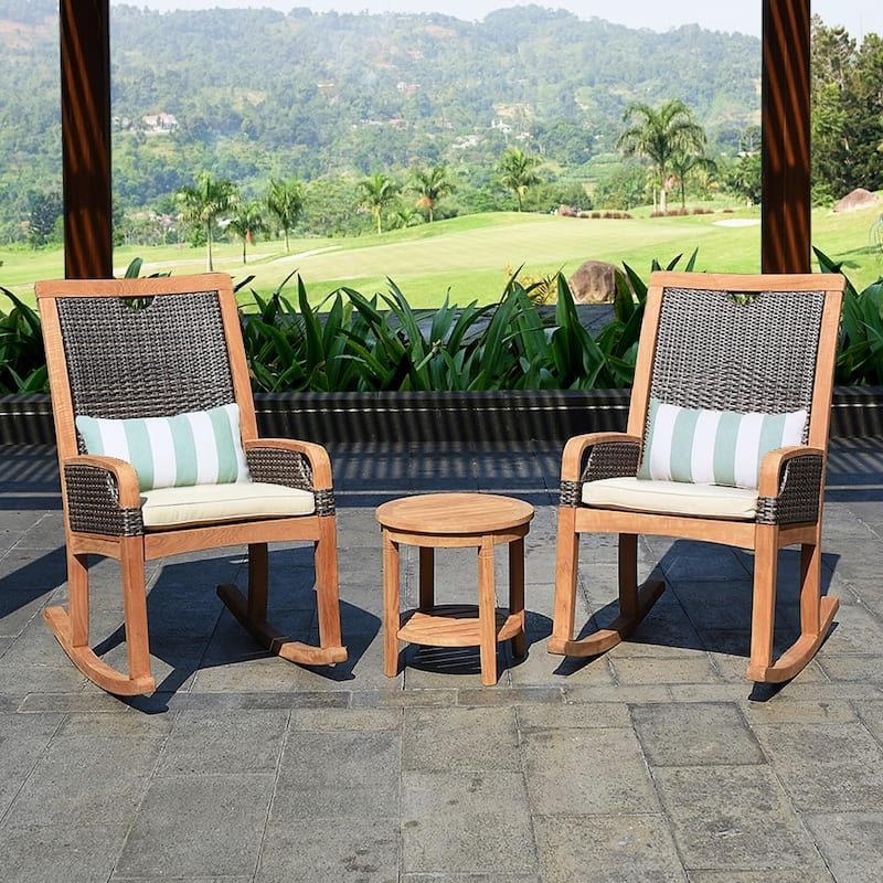 Cambridge Casual Palma 3-piece Teak Wicker Outdoor Rocking Chair Chat Set - FREE Lumbar Pillow - Natural Teak