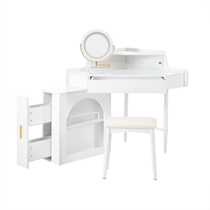 Corner Makeup Vanity Desk With Mirror & LED Lights