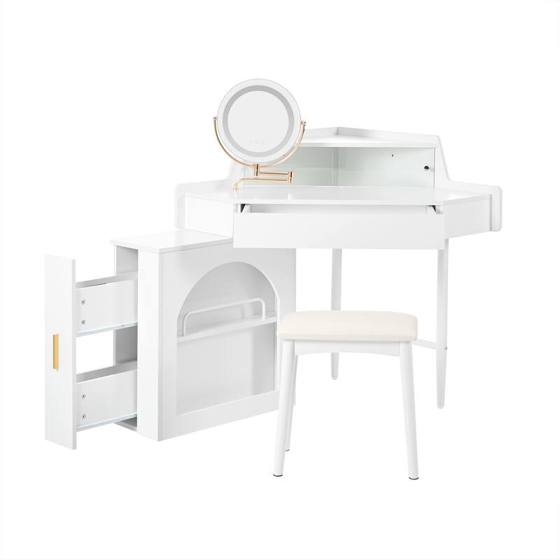 Corner Vanity Desk with Mirror & Lights, Wood Fluted Makeup Vanity Desk, Dressing Table with Large Storage Space