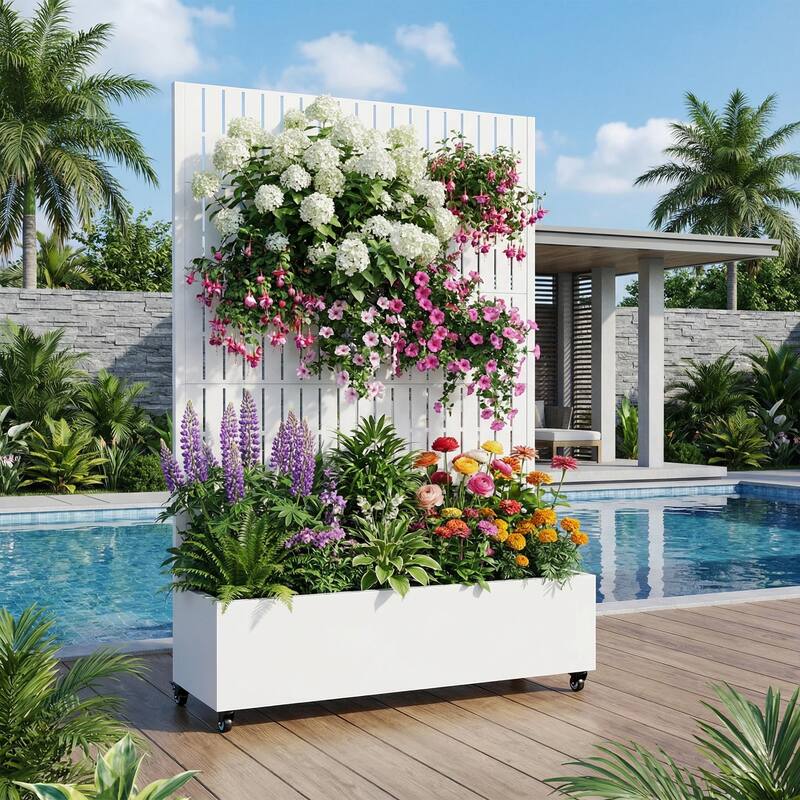 Raised Garden Bed Planter with Trellis Movable Planter Box with Lockable Wheels