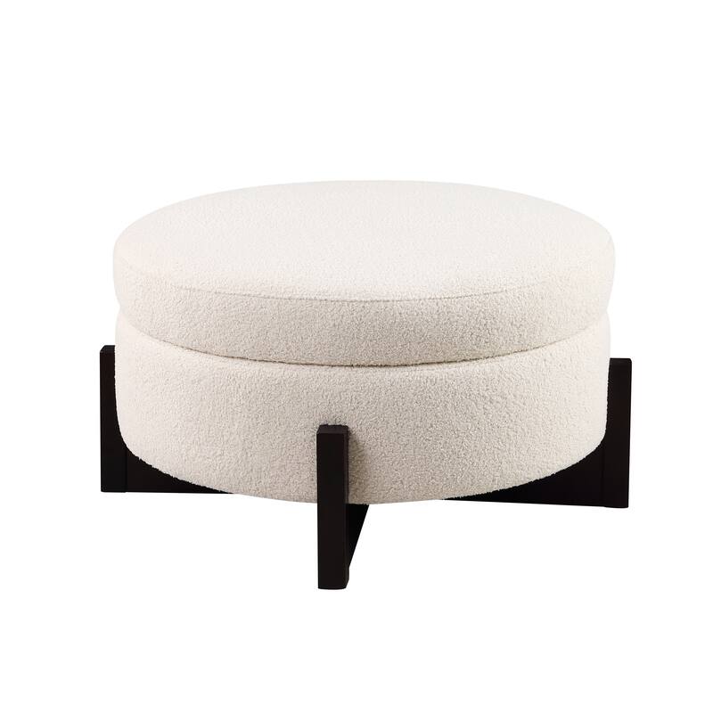Stylish Round Beige Ottoman with Storage, Oak Fold-Out Legs for Living Room & Bedroom