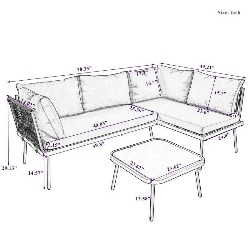 Modern Outdoor 3-Piece PE Rattan Sectional Sofa Set with Cushions and Glass Table