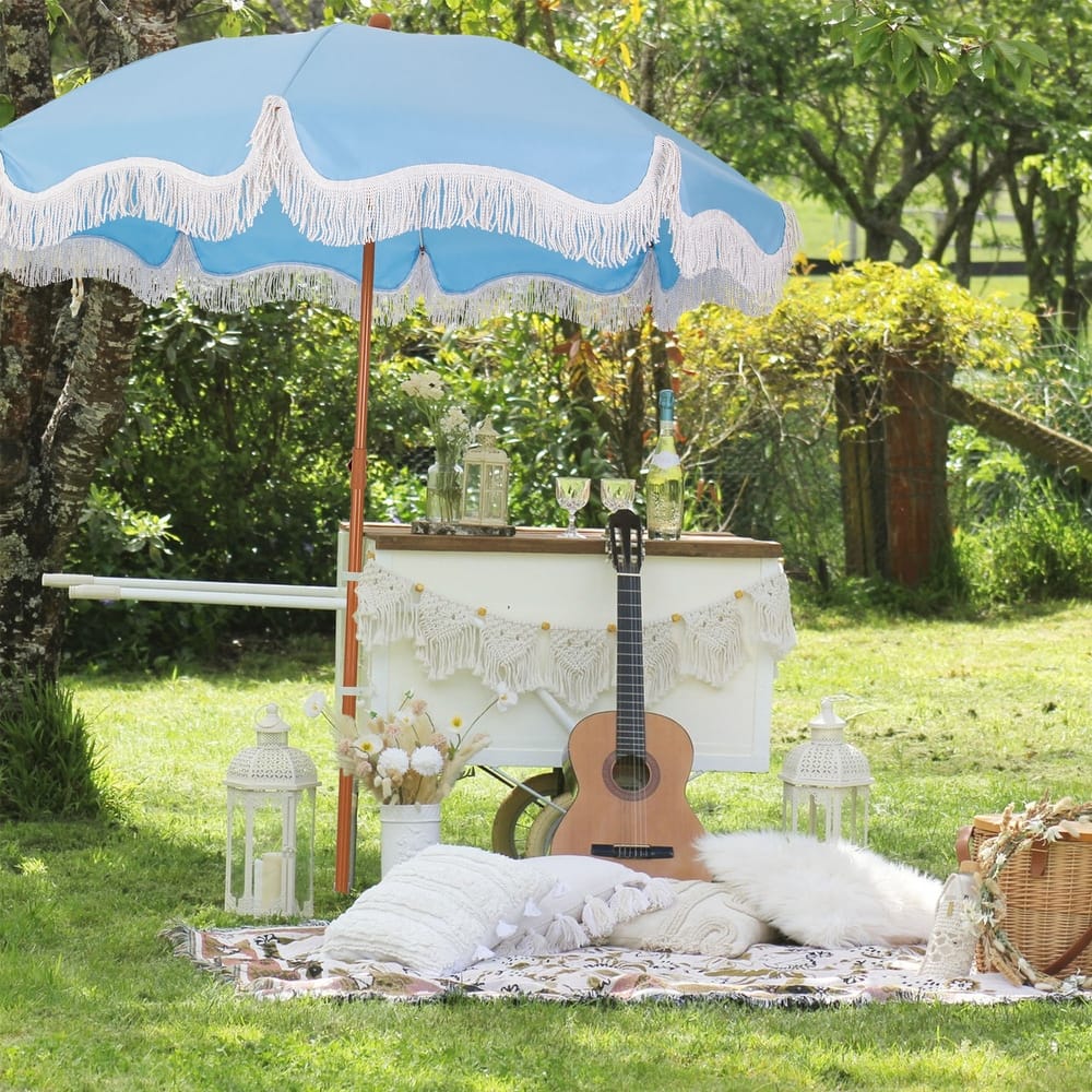 MAISON ARTS 7ft Patio Fringe Umbrella Outdor Tassel Beach Umbrella with Push Botton Tilt UPF50+