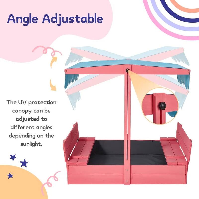 EROMMY Children's Wooden Sandbox with Folding Bench Seats and Adjustable Canopy,Pink