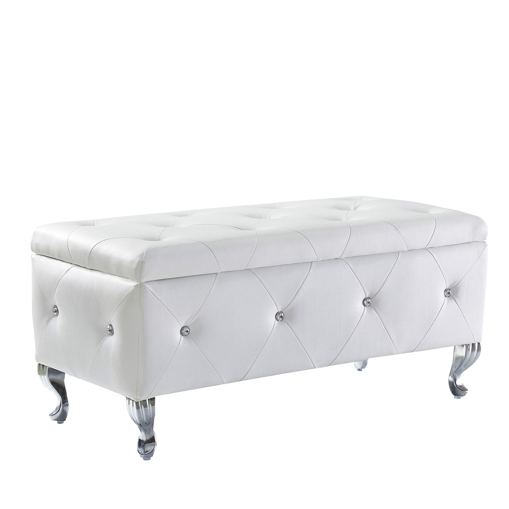 Storage Bench Leisure Stool with Safety Hinged Flap, End of Bed Decorative Bench with Crystal Buttons and Metal Legs