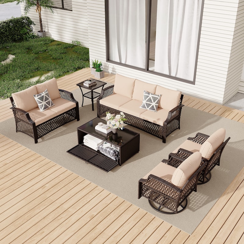 Outdoor Wicker Patio Set w Swivel Chairs & Sofa, Ottomans and Tables, Modular 3/5/6/7-Piece, All-Weather Conversation Set.