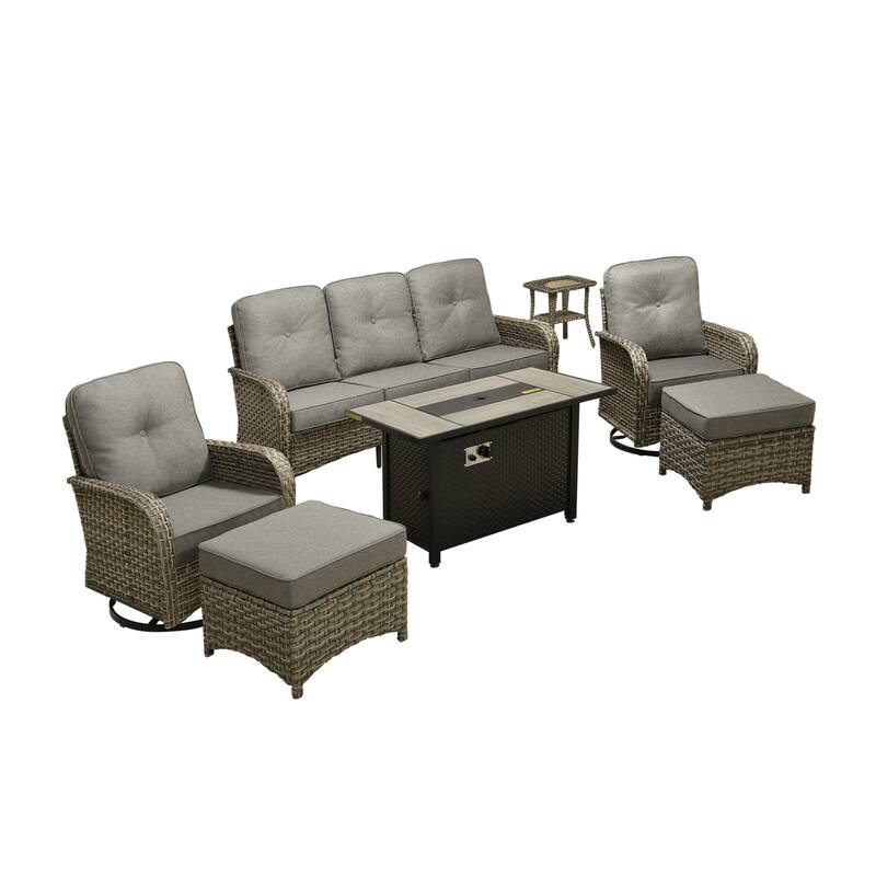 OVIOS 7-piece Patio Wicker Conversation Furniture Set With Fire Pit