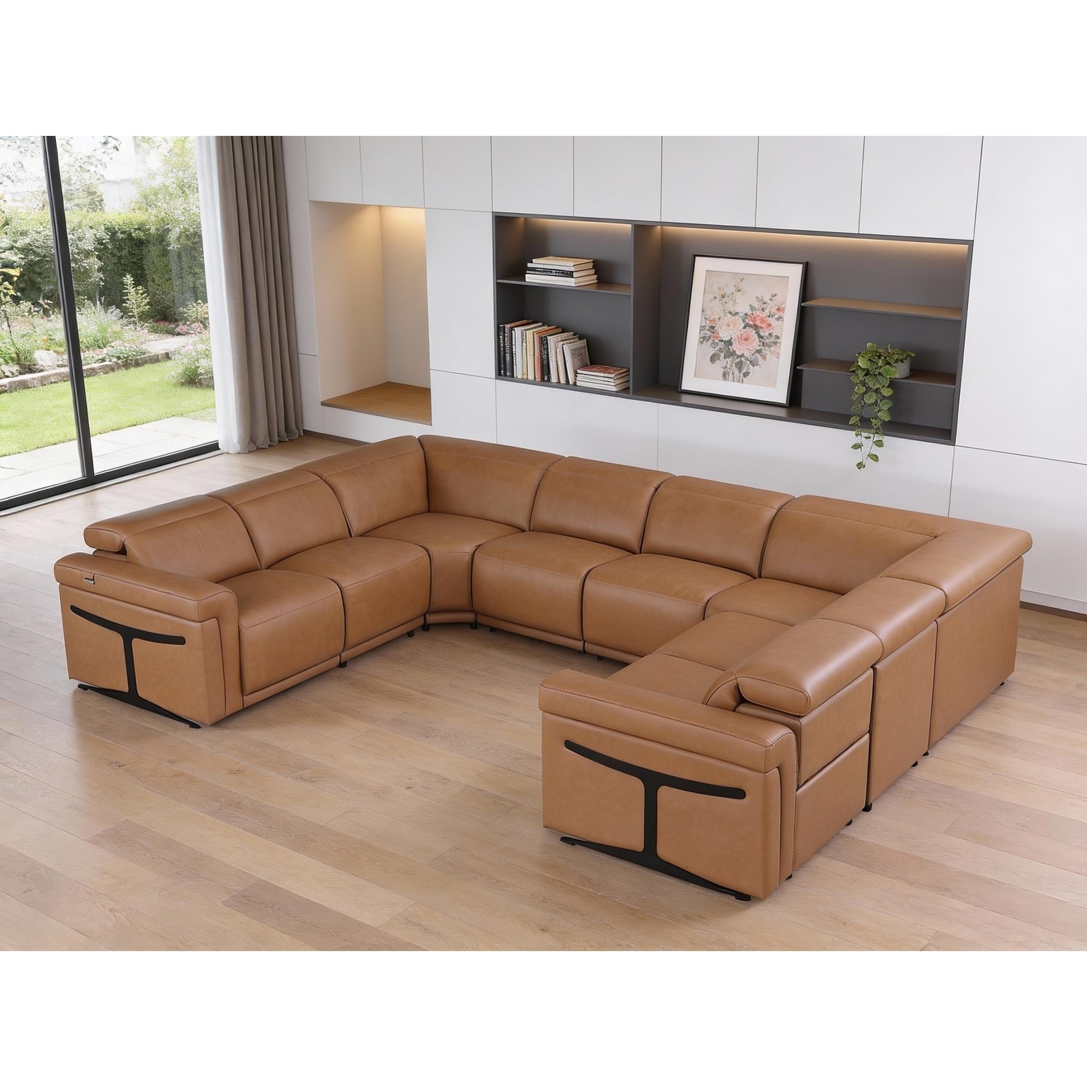 HomeRoots Chestnut Italian Leather Power Reclining U Shaped Eight Piece Corner Sectional With Console