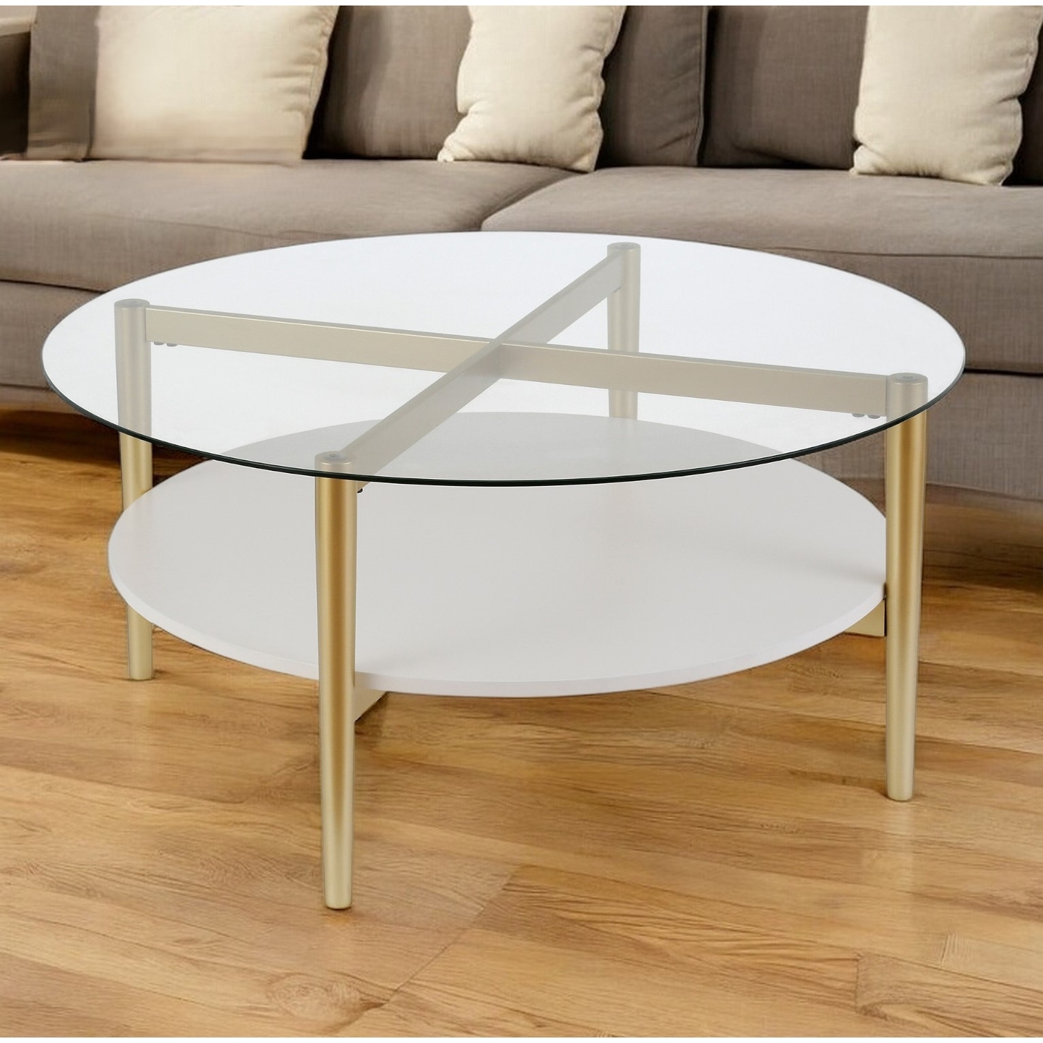 HomeRoots 36" Clear And Gold Glass And Steel Round Coffee Table With Shelf