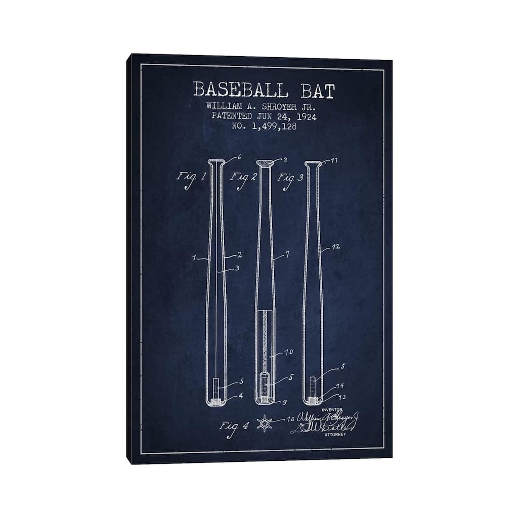 iCanvas "Baseball Bat Navy Blue Patent Blueprint" by Aged Pixel Canvas Print