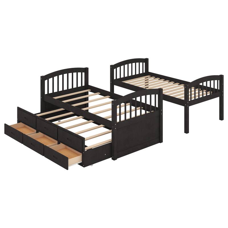 Twin Over Twin Bunk Bed w/Trundle, Wooden Detachable Bunkbeds Frame