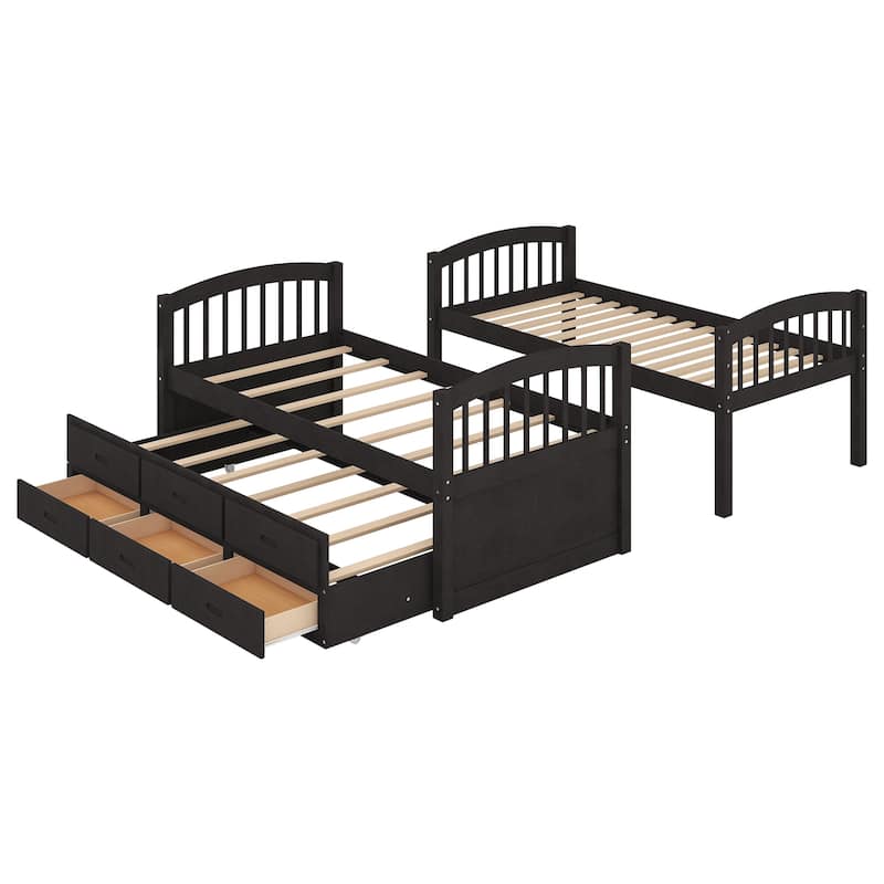 Twin Over Twin Bunk Bed with Trundle & 3 Drawers, Wood Bunk Bed Frame w/Ladder & Guardrails, Convertible to Single & Captain Bed