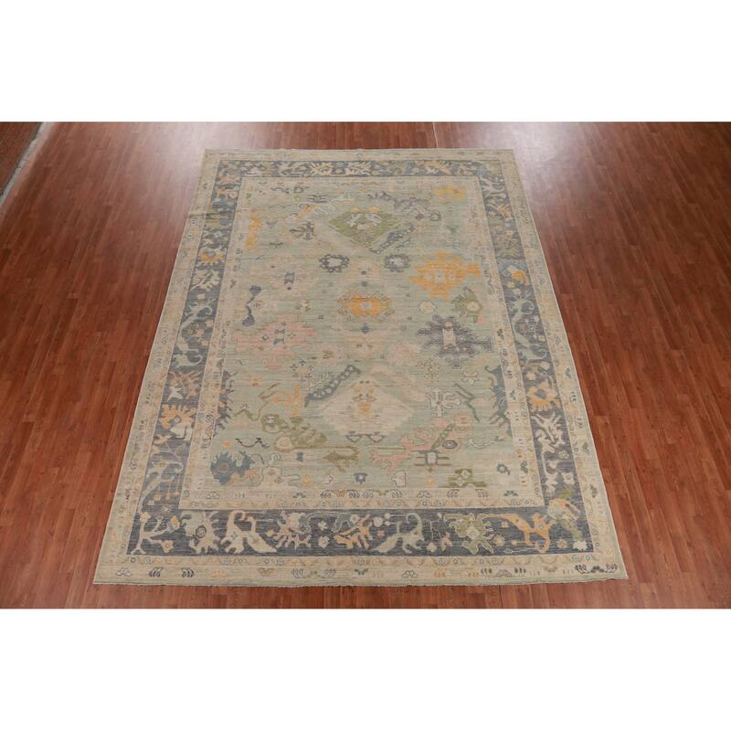 Hand Knotted Oriental 100% Wool Carpet Transitional All-Over Green Oushak Area Rug - 12' 0'' X 9' 3''