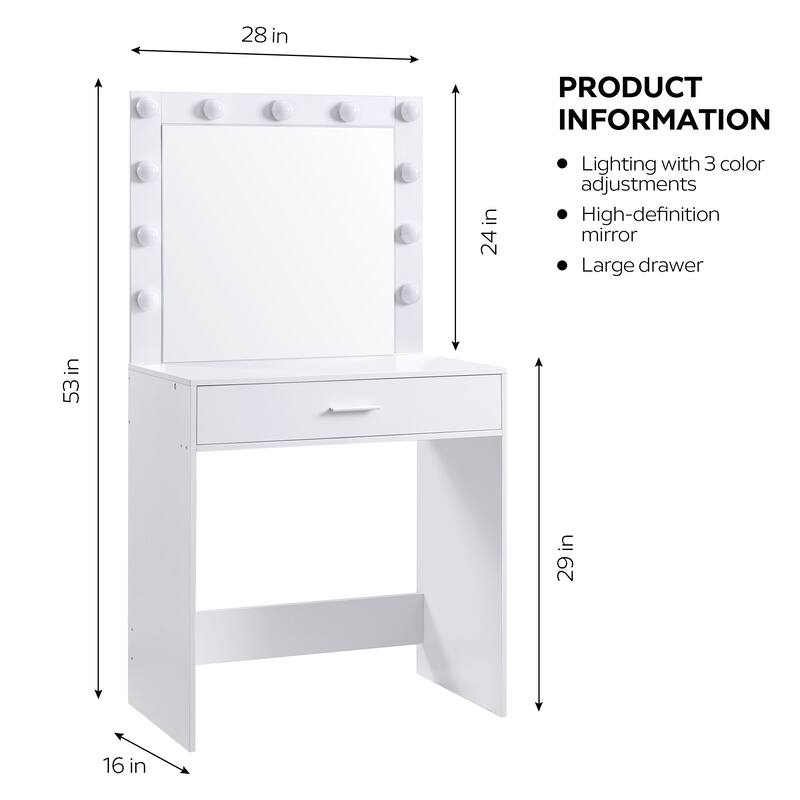 Makeup Vanity Desk with Mirror and LED Lights, Large Drawer, Adjustable Brightness and Storage Shelf