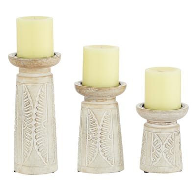 Wood Floral Handmade Intricate Carved Pillar Candle Holder - Set of 3 White - Roche River Decor - 4"W x 4"L x 10"H