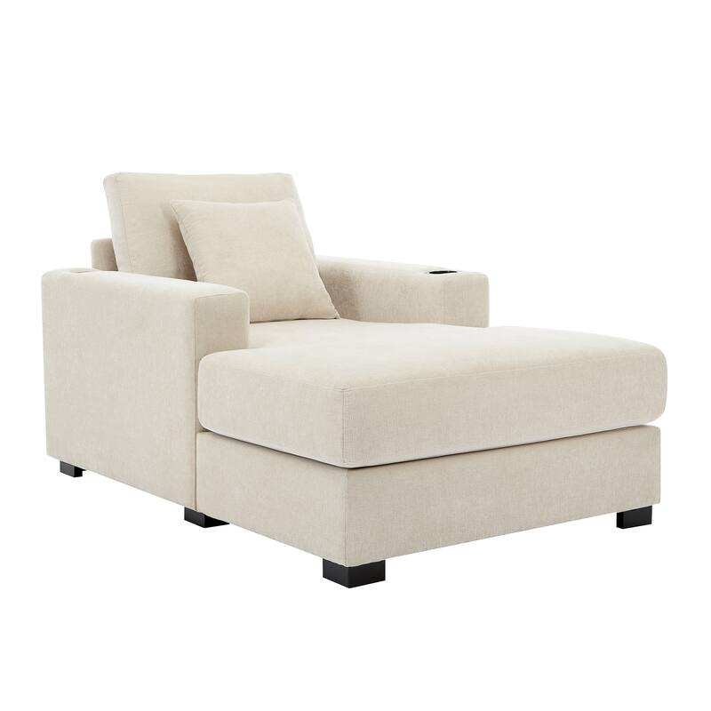 Modern Style Chaise Lounger Sofa Couch ,with Pillows, Charge Station & Cup Holders