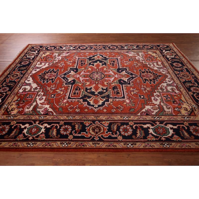 Geometric Heriz Serapi Indian Area Rug Hand-Knotted Wool Carpet - 8'0" X 10'4"