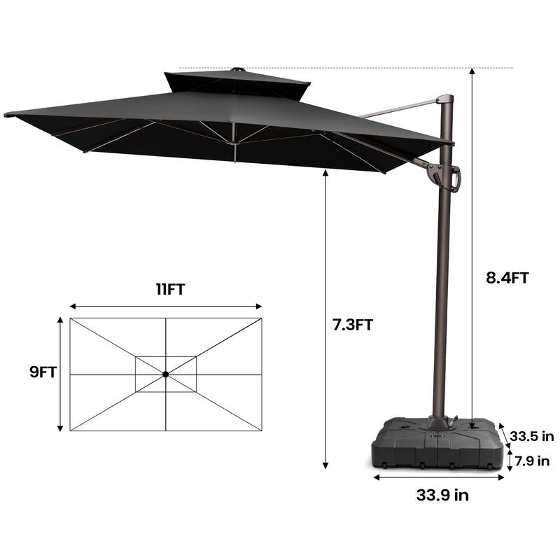 Pellebant 9X11FT Outdoor Dual Top Patio Umbrella Cantilever Offset with Base