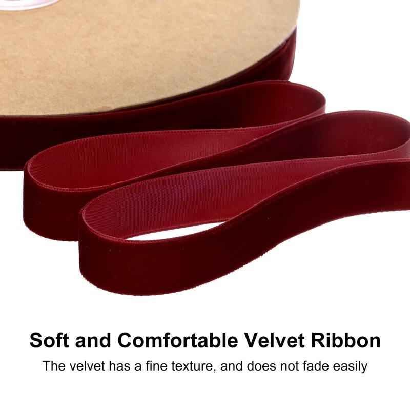 Thin Velvet Ribbon, Single Side Christmas Ribbon - Wine Red - 5/8"