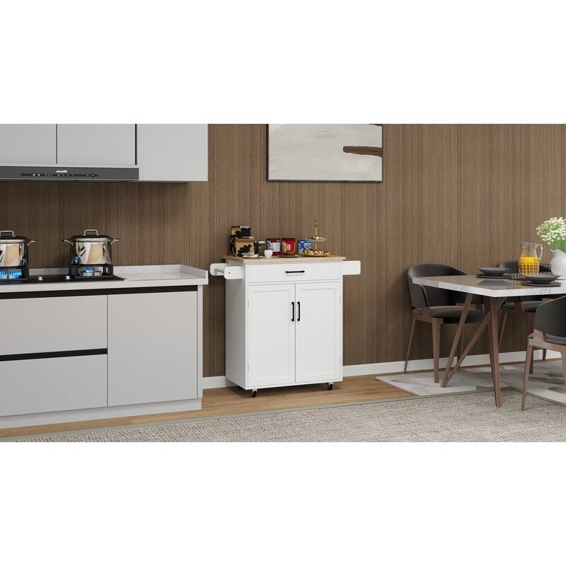 Anmytek Rolling Kitchen Island Cart Rubber Wood Top 1 Drawer 2 Doors Adjustable Shelves Towel Rack Seasoning Rack