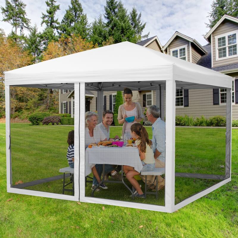10x10 FT Pop Up Canopy Tent with Mosquito Netting, Adjustable Height, Portable Sun Shelter with Wheeled Bag