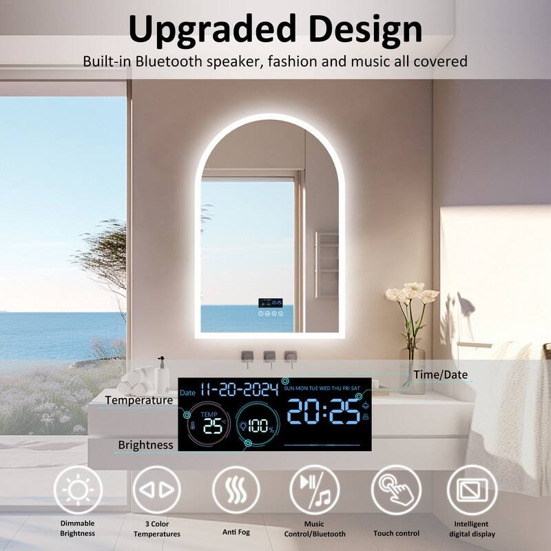 Arch Bathroom Vanity Mirror with Lights Built-in Bluetooth Speaker Dimmable Anti Fog 3 Color - 36"x24"