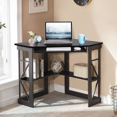 Corner Computer Desk Triangle Laptop Writing Table with Keyboard Tray, Wood Home Office Workstation