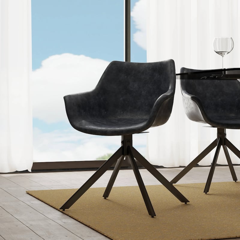 Markley Leather Swivel Dining Armchair with Black Iron Base - Accent Dining Chair for Kitchen and Dining Room Set of 4