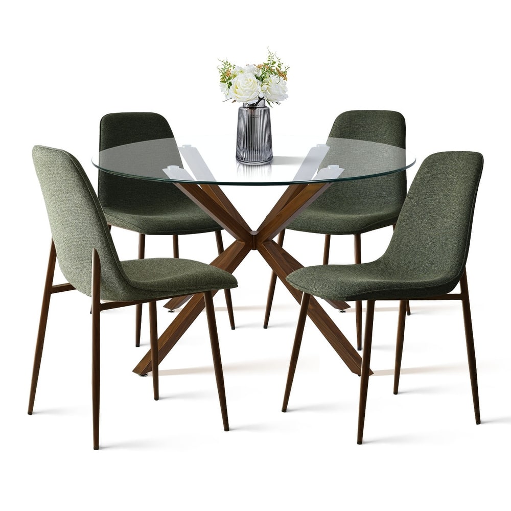 Modern Round Glass Table Set for 4 with Upholstered Dining Chairs