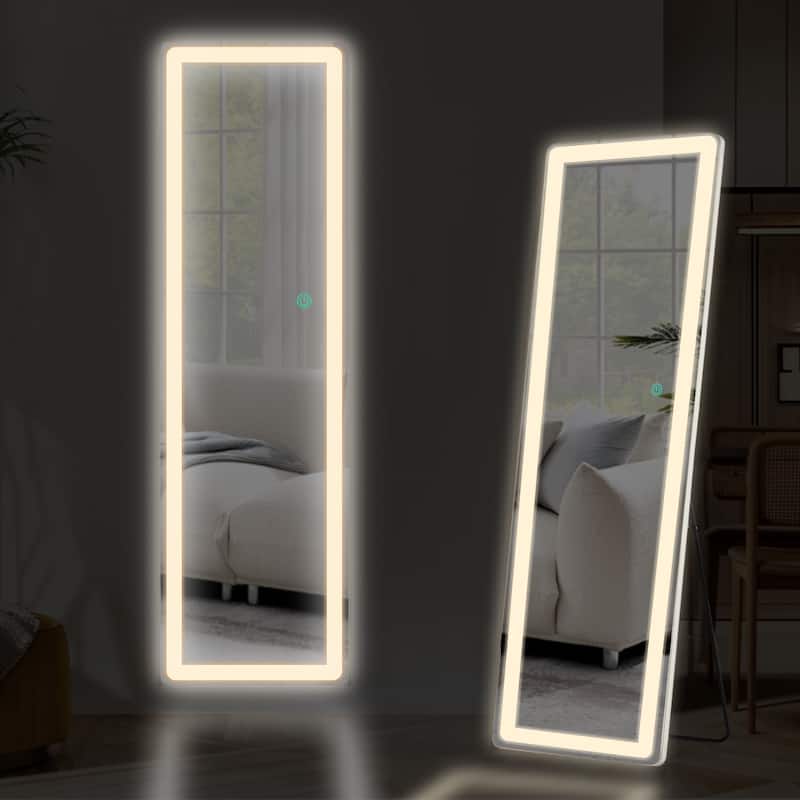Rectangle Aluminum Alloy Frame Full Length Mirror with Stand & Dimmable 3-Color Lighting for Bedroom Cloakroom