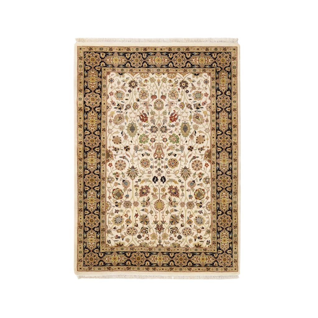 Shahbanu Rugs All Over Design Ivory New Zealand Wool and Silk Tabriz Revival 300 KPSI Hand Knotted Denser Weave Rug (4'2" x 6')