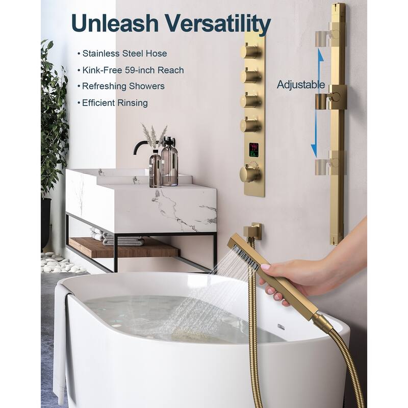 GRANDJOY LUXURY 16 inch Ceiling Mount Rainfall Waterfall Shower Head LED Temperature Display Body Jets Shower System