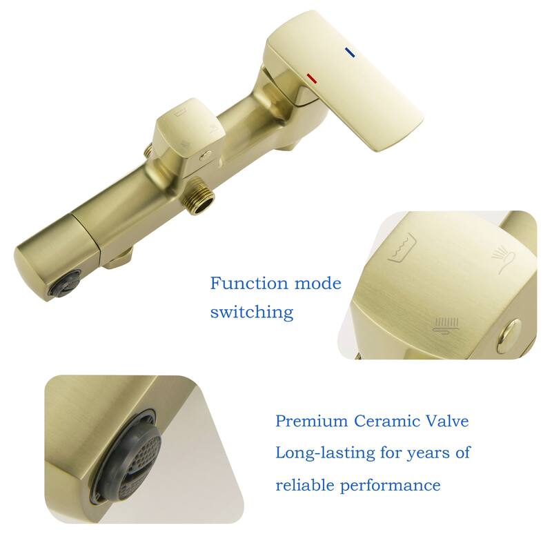 Modland Wall Mounted 3-Way Exposed Install Complete Rain Shower System with High Pressure Showerhead, Black/Gold