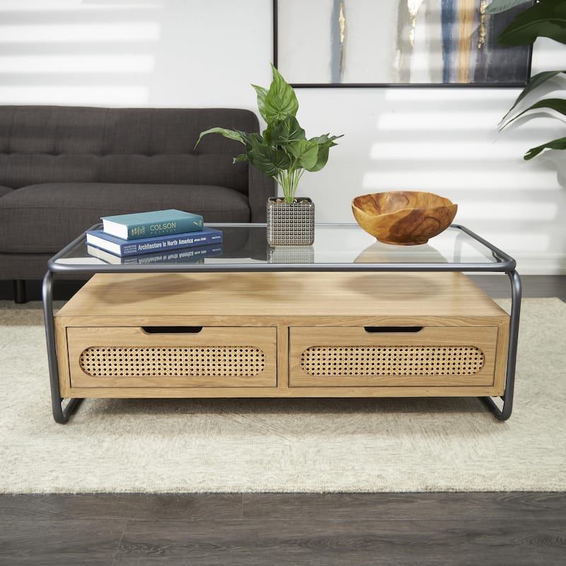 Wooden 3 Door Console or 1 Shelf Coffee Table with 2 Cane Front Drawers and Gray Metal Frame - Brown - Roche River Decor