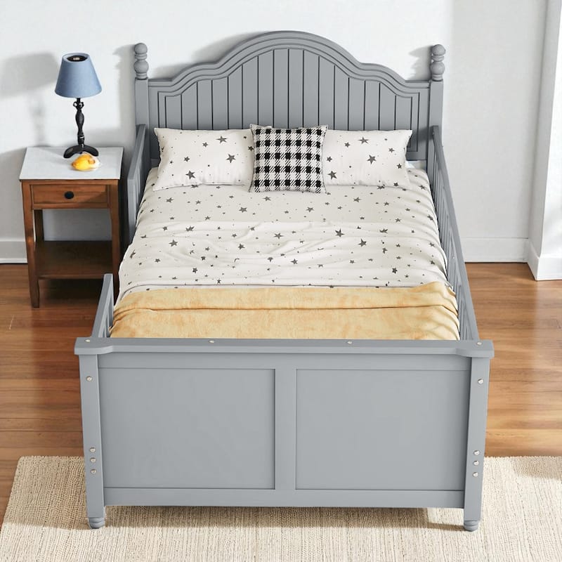 Twin/Full Size Wooden Kids Bed with Headboard, Footboard, Guardrails and Storage, Platform Bed Frame